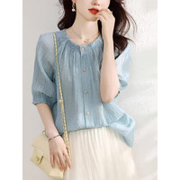 燕浔 2024雪纺衬衫女设计感小众灯笼袖压褶圆领衬衣小清新蓝色独特上衣 蓝色 2XL-125-135斤拍