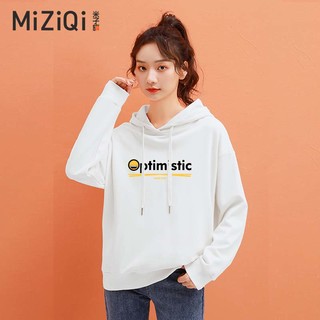 MIZIQI 米子旗 卫衣女春秋冬装宽松时尚加绒连帽外套2024新款中长款休闲上衣 春秋黑字