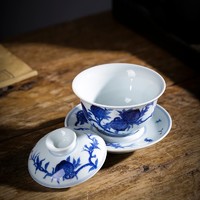 京峰阁 盖碗茶具茶碗景德镇手绘盖碗青花点工寿桃 陶瓷三才盖碗茶碗礼盒装 手绘青花点工寿桃盖碗