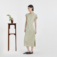 纳薇（naivee）naivee纳薇24夏中式梅兰竹菊提花改良旗袍裙收腰开衩连衣裙 松花绿 160/84A/M