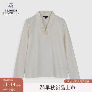 布克兄弟（BrooksBrothers）女士24早秋V领木耳边垂坠丝滑上衣 1001-白色 XL