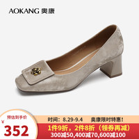 奥康（Aokang）女鞋 2024秋季国风中式山茶花粗跟浅口单鞋 香槟 1242211051 37