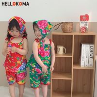 HELLOKOMA 儿童吊带套装 男女童薄款棉绸背心短裤两件套 网红宝宝东北花套装