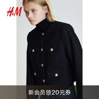 H&M女装短外套2024秋季女士圆领单排扣纹理织外套1241437 黑色 155/80
