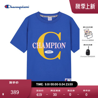 Champion 冠军短袖2024夏季植绒logo撞色印花T恤男士潮牌纯棉 宝蓝色 S