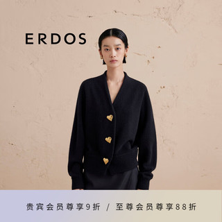 ERDOS 24秋冬V领绒毛混纺宽松厚款外套爱心纽扣女开衫针织衫 黑 155/76A/XS