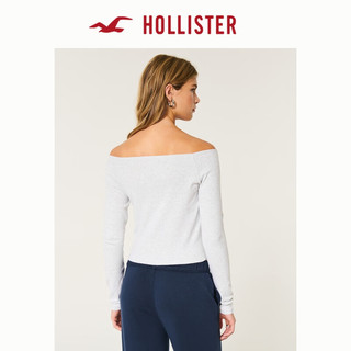 HOLLISTER24秋季美式辣妹棉质露肩印花长袖T恤 女 麻灰色 XXS (160/80A)