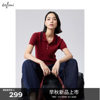 伊芙丽POLO领坑条短袖毛线针织衫2024秋季上新通勤内搭舒适女上装 樱桃红