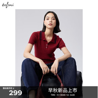 伊芙丽POLO领坑条短袖毛线针织衫2024秋季通勤内搭舒适女上装 樱桃红 160/85CM/M