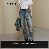 MO&Co.2024秋手工剪口烂洞高腰直筒天丝棉牛仔裤MBD3JEN021 牛仔蓝色 27/M