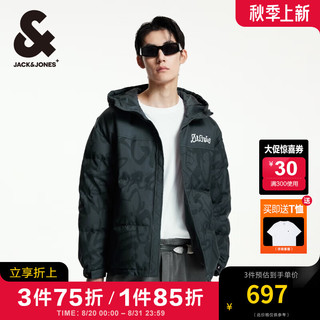 杰克·琼斯（JACK&JONES）男装秋冬刺绣满印LOGO图案宽松抽绳连帽羽绒服男短款潮流鸭绒服 黑砂色 165/88A/XS