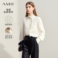 AMII2024秋优雅通勤拼接流苏立领衬衫女乱麻雪纺衬衣宽松12443076 米色 160/84A/M
