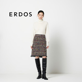 ERDOS 24秋冬新品复古小香风优雅流苏边设计中长款A字裙女半身裙 可可 1