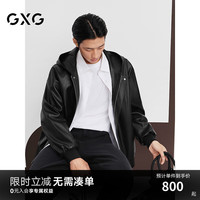GXG男装 柔软pu皮连帽夹克男宽松潮流pu夹克休闲外套 24秋季 黑色 185/XXL