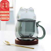 The Craftsman Innovation 匠界新物 茶杯耐高温玻璃杯过滤马克杯带盖花茶杯茶水分离杯泡茶杯咖啡杯 萌虎猫杯-高级灰 彩盒装（送杯垫+猫爪勺）