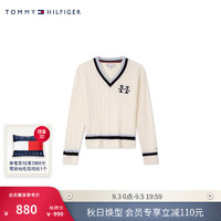 TOMMY HILFIGER24新款秋冬童装女羊毛混纺学院风拼色V领针织毛衣TH2432145 米白色546