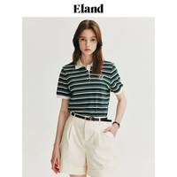 ELAND衣恋T恤女POLO领翻领撞色条纹棉感舒适短袖上衣2024夏季新款