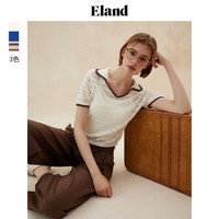 ELAND衣恋针织T恤女H型v领镂空短袖2024夏季 象牙白/白色(39)Ivory S/160