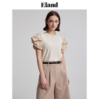 ELAND衣恋短袖T恤女泡泡袖格纹拼接宽松上衣学院风夏装 卡其色(35)Beige S/160