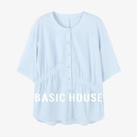 百家好（Basic House）纯色百搭早秋拼接不规则设计感半袖圆领衬衫女 蓝色