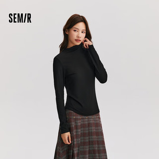 森马（Semir）长袖T恤女半高领吸湿发热抗菌2024冬纯色紧身抓绒打底衫 黑色90001 155/80A/S