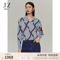 玖姿（JUZUI）休闲几何宽松绵羊毛毛衣女2024秋季JWDQ31016 花浅蓝 S