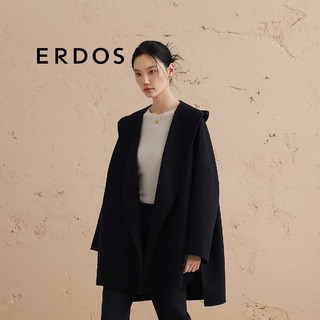 ERDOS【纯羊绒】24秋冬廓型宽松连帽大衣显瘦双面毛呢女毛呢大衣 黑 170/88A/L