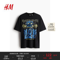 H&M2024夏季男装上衣时尚休闲百搭宽松版印花T恤1225609 黑色/Iron Maiden 175/108 L