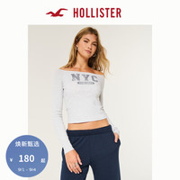 HOLLISTER24秋季美式辣妹棉质露肩印花长袖T恤 女 麻灰色 S (165/88A)