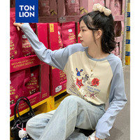 唐狮（TonLion）2024早秋女圆领插肩袖前胸彩色图案长袖T恤WP 宁静蓝 M