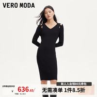 VEROMODA连衣裙女2024早秋V领挂脖肩部镂空收腰针织小黑裙修身显瘦 黑色 160/80A/S