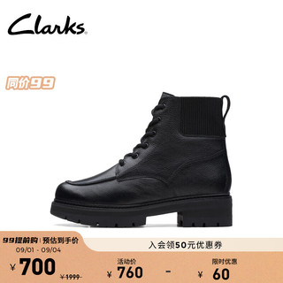 Clarks其乐奥莉系列女鞋时尚简约切尔西靴复古方跟中筒时装皮靴 黑色 261679044 38