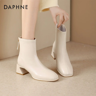 达芙妮（DAPHNE）白色短靴女2024秋冬粗跟法式瘦瘦靴方头靴ZJ 米白色【主图款跟高约5.2cm】 35