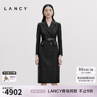 朗姿/LANCY2024秋新款职业西装长袖收腰连衣裙中长商务通勤裙子女 黑色