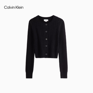 Calvin Klein Jeans24秋季女ck羊毛混纺短款绞花圆领纽扣针织开衫J224570 BEH-太空黑 XS