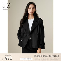 玖姿·安娜蔻复古英伦风驳领抽绳短款无龄风衣外套女装2024秋季 素黑 L