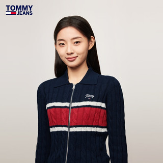 TOMMY JEANS24秋冬女装棉羊绒混纺拼色翻领绞花肌理感针织开衫19373 【9373】藏青色C1G L