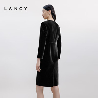 朗姿/LANCY2024秋丝绒气质收腰高级钻扣连衣裙女 黑色 2XL