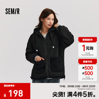 森马（Semir）外套女仿羊羔毛摇粒绒双面穿宽松2024冬连帽夹克撞色简约 黑色90001 XL 170/92A