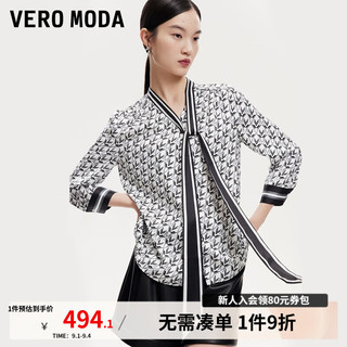 VEROMODA衬衫女2024早秋V领七分袖字母印花宽松设计感丝带装饰 本白色 170/88A/L