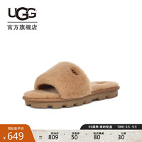 UGG 秋季女士露趾平底茸茸一字凉拖鞋 1100892 CHE|栗色 36