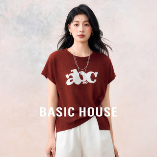 Basic House/百家好撞色字母冰丝针织衫夏季薄款刺绣短袖上衣2024 安哥拉红 XL