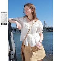 【2024年夏季款】木耳边U领系带醋酸衬衫宽松短款套头小衫女