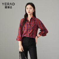 娅丽达秋季复古纯棉格纹衬衫女2024上衣宽松叠穿格子衬衣外套 红蓝格(F0) XL