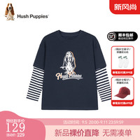 暇步士（Hush Puppies）【休闲风】童装男童2024秋季宽松舒适潮流帅气假两件衬衫 藏蓝 140cm 略薄