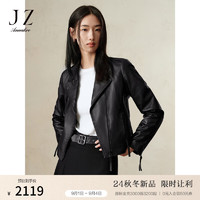 玖姿·安娜蔻经典休闲机车绵羊皮修身皮衣夹克外套女2024冬季 素黑 L