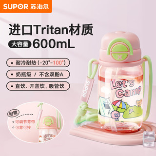 SUPOR 苏泊尔 奇遇团团双饮塑料杯儿童便携吸管水杯600ml.粉色露营趴