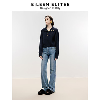 朗姿欧洲EiLEEN ELITEE2024冬纯羊毛法式设计感翻领毛针织衫 暮色藏蓝色 2XL