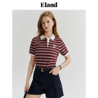 ELAND衣恋T恤女POLO领翻领撞色条纹棉感舒适短袖上衣2024夏季 梅红色(29)Burgandy M/165