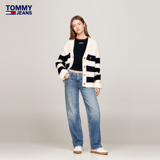 TOMMY JEANS24新款秋冬女含羊毛混纺条纹肌理感宽松针织开衫DW0DW18676 蓝白红拼色YBH